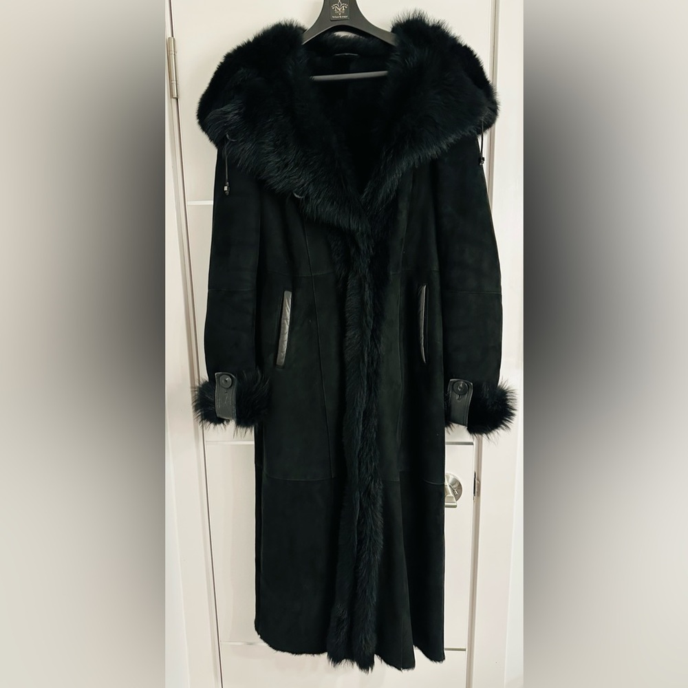 Women's Black Genuine Shearling Hooded Belted Full Length Coat Size S
